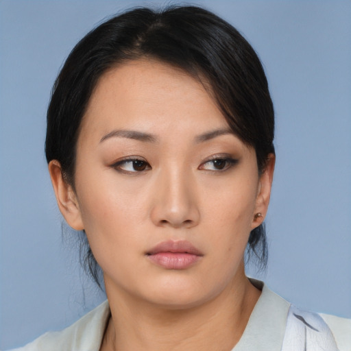 Neutral asian young-adult female with short  brown hair and brown eyes