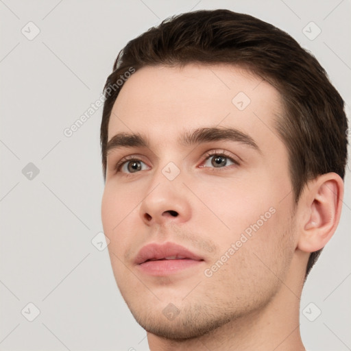 Neutral white young-adult male with short  brown hair and brown eyes