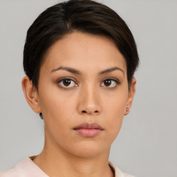 Neutral asian young-adult female with short  brown hair and brown eyes