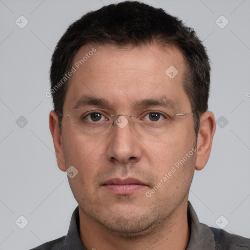 Neutral white adult male with short  brown hair and brown eyes