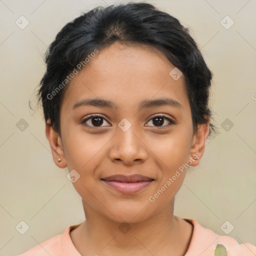 Joyful latino young-adult female with short  brown hair and brown eyes