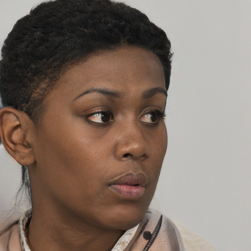 Neutral black young-adult female with short  brown hair and brown eyes