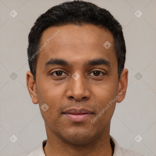Neutral latino young-adult male with short  black hair and brown eyes