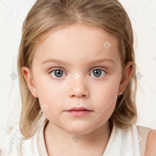 Neutral white child female with medium  brown hair and blue eyes