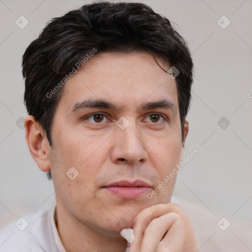 Neutral white adult male with short  brown hair and brown eyes