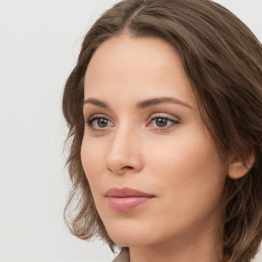 Neutral white young-adult female with long  brown hair and grey eyes