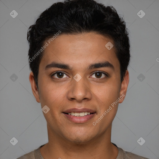 Joyful latino young-adult male with short  brown hair and brown eyes