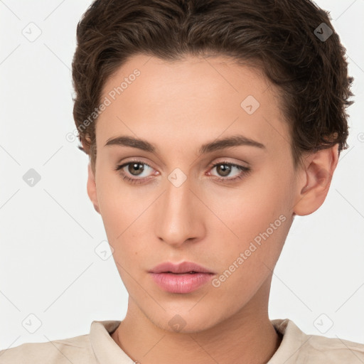 Neutral white young-adult female with short  brown hair and brown eyes