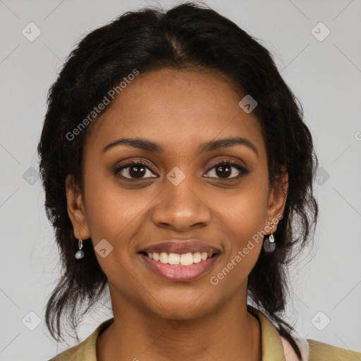 Joyful black young-adult female with medium  brown hair and brown eyes