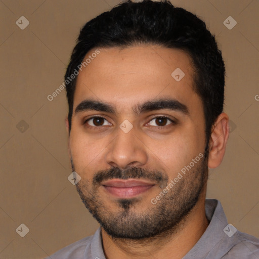 Joyful latino young-adult male with short  black hair and brown eyes