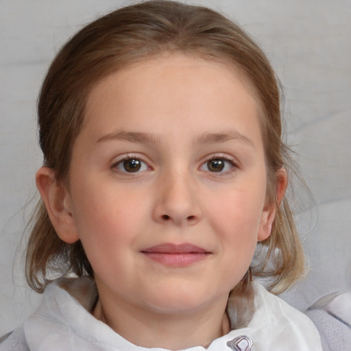 Neutral white child female with medium  brown hair and blue eyes