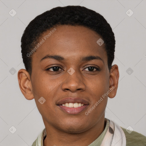 Joyful latino young-adult male with short  brown hair and brown eyes