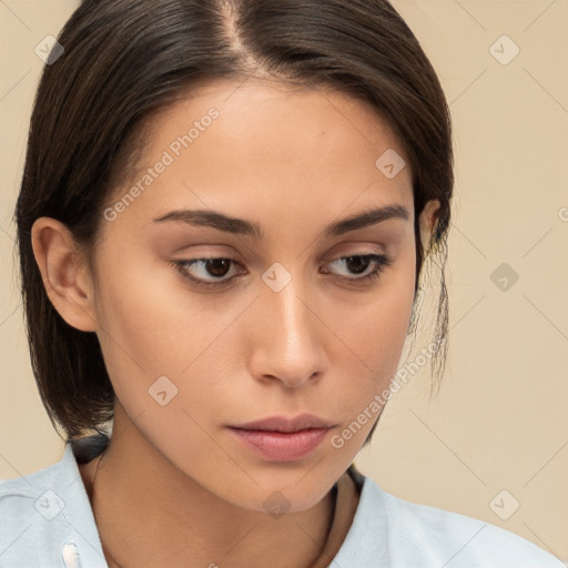 Neutral white young-adult female with medium  brown hair and brown eyes