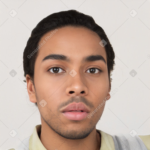 Neutral latino young-adult male with short  black hair and brown eyes