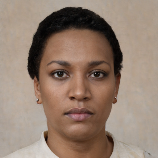 Neutral black young-adult female with short  black hair and brown eyes