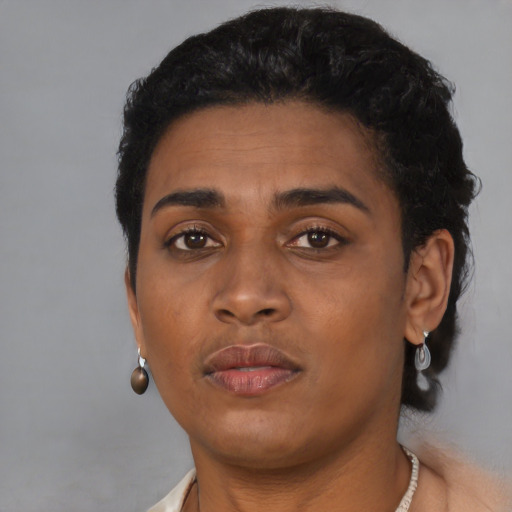 Neutral black young-adult female with short  black hair and brown eyes