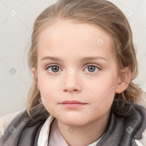 Neutral white child female with medium  brown hair and grey eyes