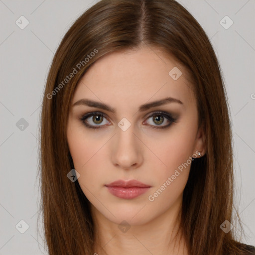 Neutral white young-adult female with long  brown hair and brown eyes