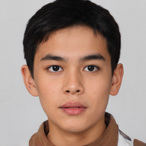 Neutral asian young-adult male with short  brown hair and brown eyes