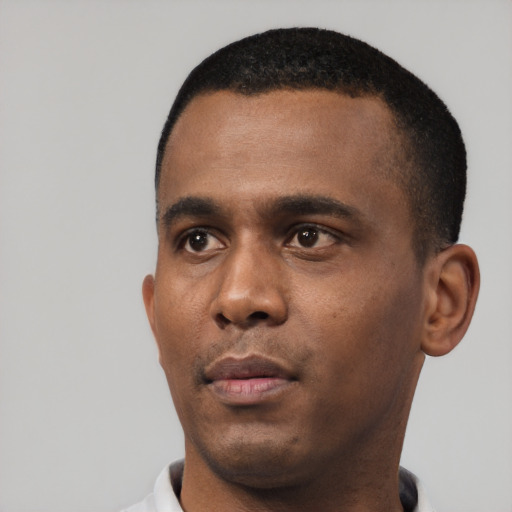 Neutral black young-adult male with short  black hair and brown eyes