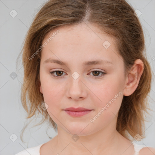 Joyful white child female with medium  brown hair and brown eyes