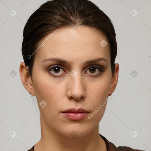 Neutral white young-adult female with short  brown hair and brown eyes