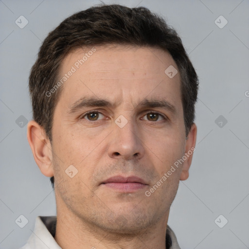 Neutral white adult male with short  brown hair and brown eyes