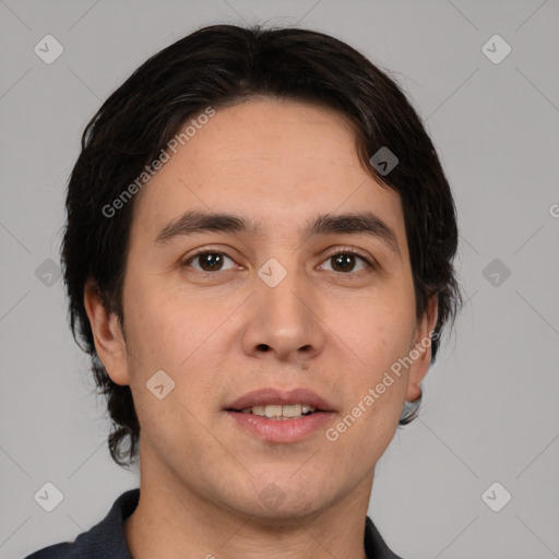 Joyful white young-adult male with medium  brown hair and brown eyes