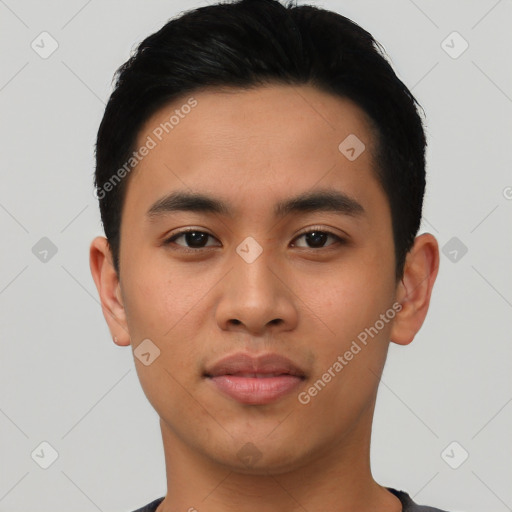 Neutral asian young-adult male with short  black hair and brown eyes