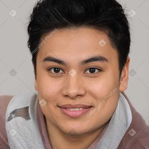 Joyful asian young-adult male with short  brown hair and brown eyes