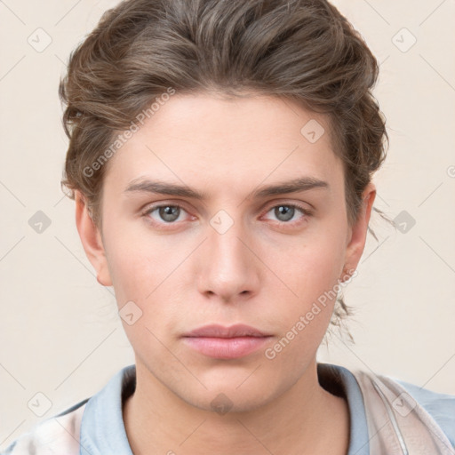 Neutral white young-adult male with short  brown hair and grey eyes