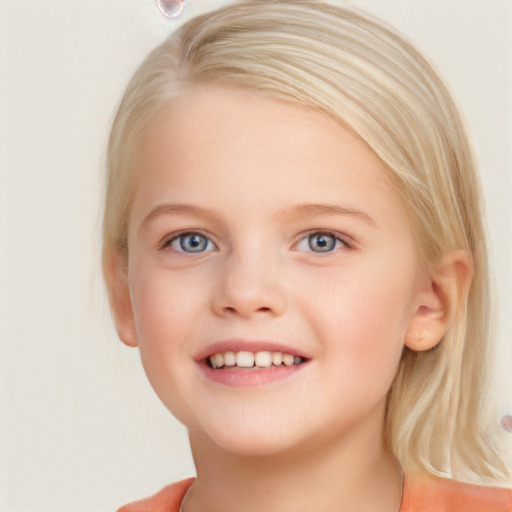 Joyful white child female with medium  brown hair and blue eyes