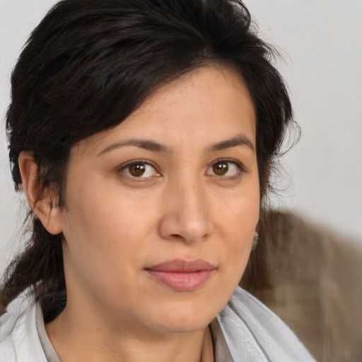Neutral white young-adult female with medium  brown hair and brown eyes