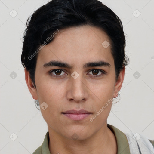 Neutral asian young-adult male with short  black hair and brown eyes