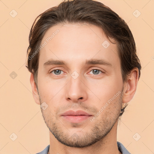 Neutral white young-adult male with short  brown hair and brown eyes