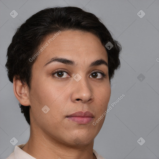 Neutral white young-adult female with short  brown hair and brown eyes