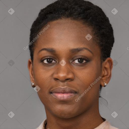 Neutral black young-adult female with short  brown hair and brown eyes