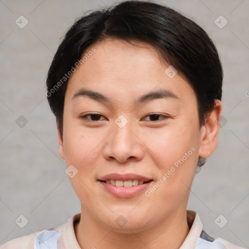 Joyful asian young-adult female with short  brown hair and brown eyes