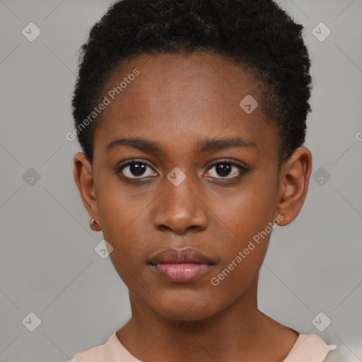 Neutral black young-adult female with short  brown hair and brown eyes