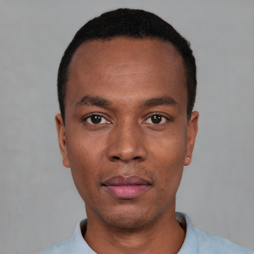 Neutral black young-adult male with short  black hair and brown eyes
