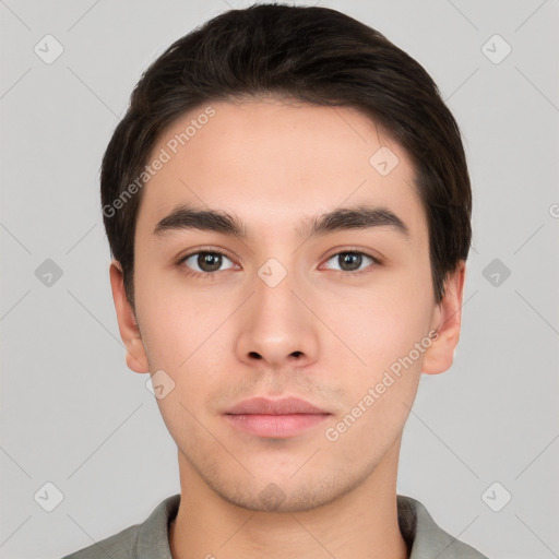 Neutral white young-adult male with short  brown hair and brown eyes