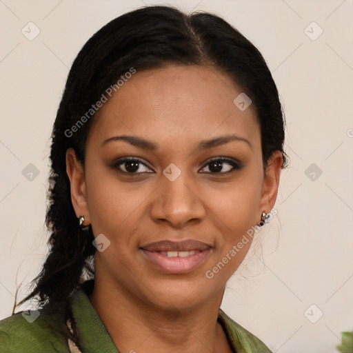Joyful latino young-adult female with medium  brown hair and brown eyes