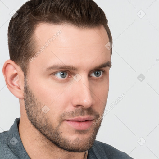 Neutral white young-adult male with short  brown hair and grey eyes