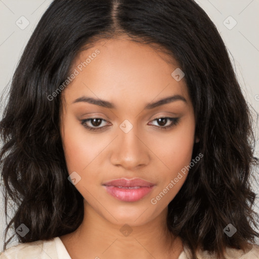 Joyful latino young-adult female with long  black hair and brown eyes