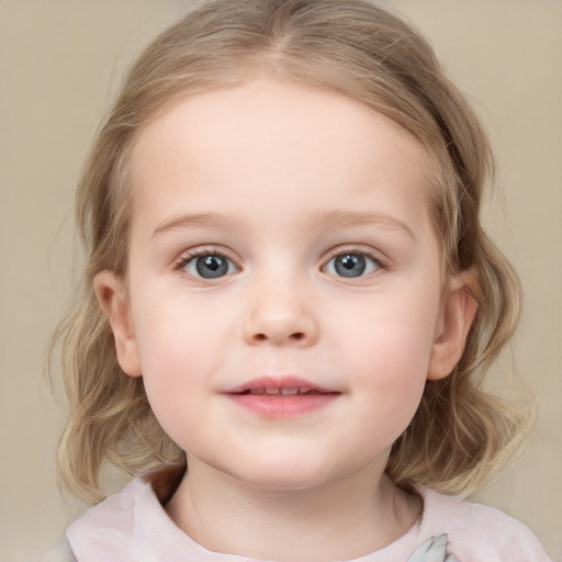 Joyful white child female with medium  brown hair and blue eyes