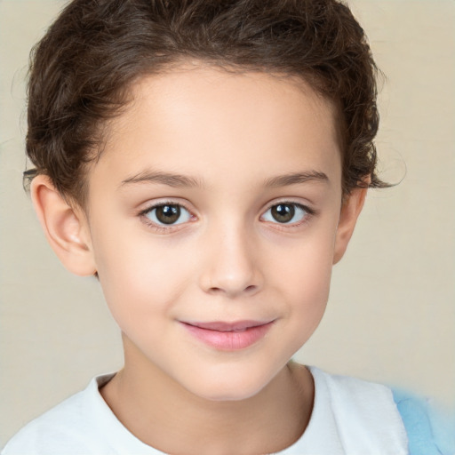 Joyful white child female with short  brown hair and brown eyes