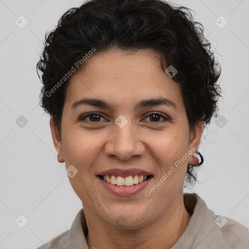 Joyful latino young-adult female with short  brown hair and brown eyes