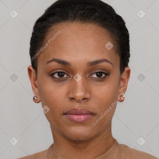 Neutral black young-adult female with short  black hair and brown eyes