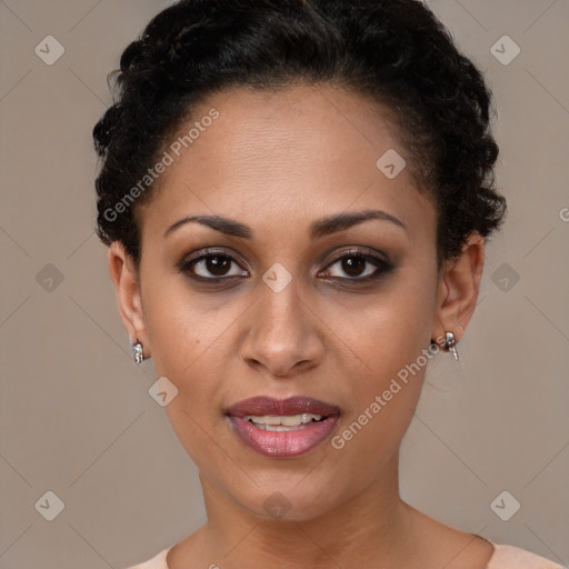 Joyful latino young-adult female with short  brown hair and brown eyes