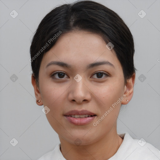 Joyful asian young-adult female with short  brown hair and brown eyes